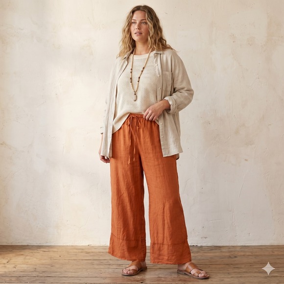 Zara Pants - Zara Womens Wide Leg Pants XL Orange 100% Linen Drawstring Coastal Summer